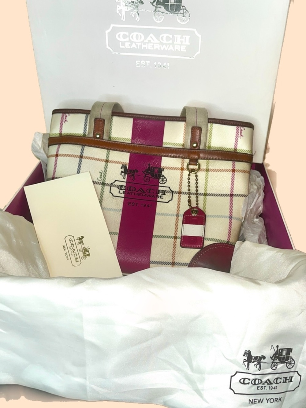 Coach Heritage Pink Stripe Tattersall Tote Ivory Handbag FULL INCLUSION